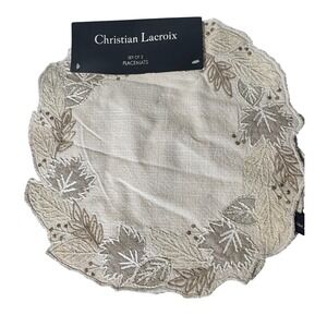 Christian Lacroix Set of 2 Round Placemats Beige Gold Embroidered Leaf Cotton